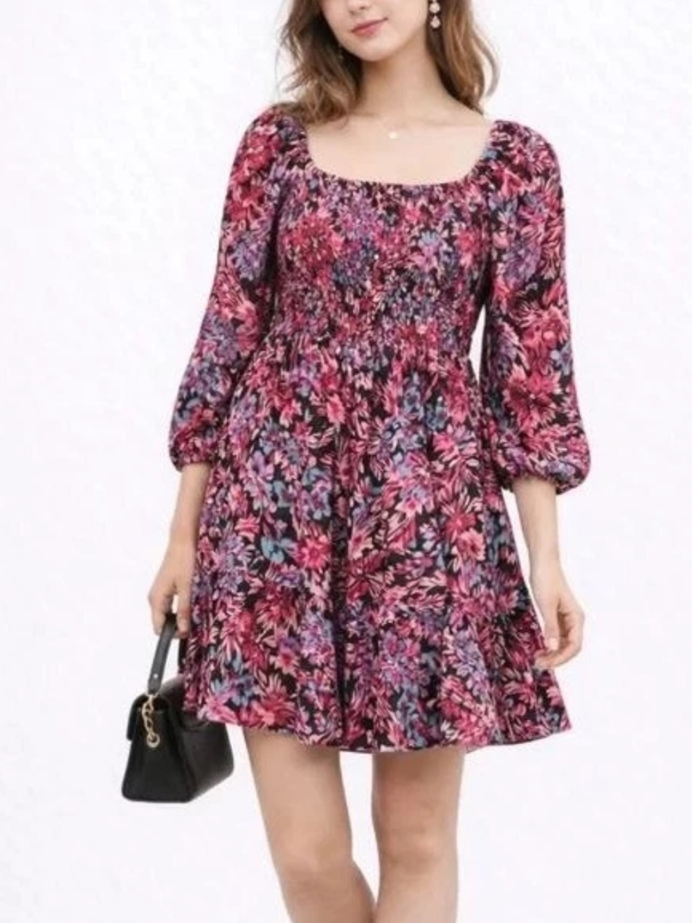 Nanette Lepore Dark Floral Smocked Bodice Long Sleeve Dress, Women's 12